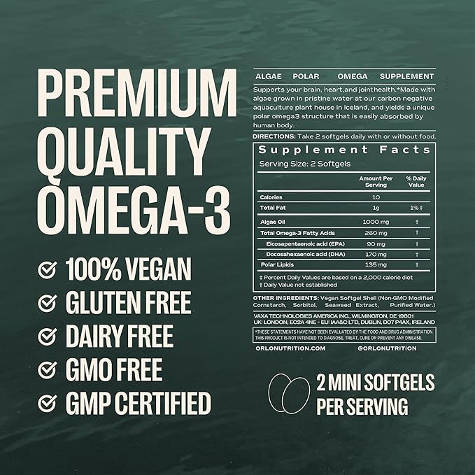 Orlo Vegan Omega 3 Algae Oil 1000mg - Natural Icelandic Nordic Omega-3 EPA &amp DHA Supplement - Fish Oil &amp Krill Alternative for Heart &amp Brain – 60 Easy-to-Swallow Burpless Mini Softgels &am