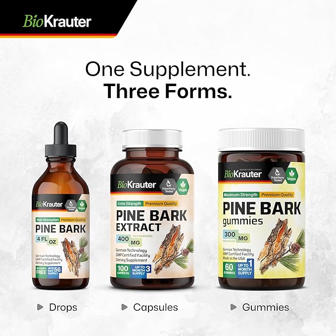 BIO KRAUTER® Pine Bark Extract for Skin &amp Antioxidant Support - French Maritime Pine Bark Gummies 300 mg for Clear Skin - 90 Gummies 45-Day Supply - Non-GMO Blueberry Flavor