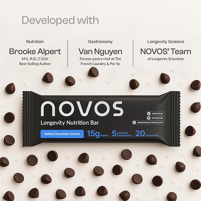 Novos Longevity Protein Bar | 15g Protein 20 Superfoods 5 Longevity Ingredients for Men &amp Women | Supports Skin Mind &amp Mood | Salted Chocolate Crunch (12-Pack)