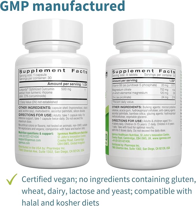Longvida Curcumin 500mg + Neurobalance High Absorption Zinc Magnesium B6 Vegan Bundle Ultra Bioavailable Curcumin with Chelated Zinc Picolinate 24mg Oxide-Free Magnesium by Igennus