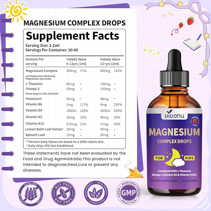 Kids Magnesium Liquid Drops Magnesium Glycinate Liquid for Children's Supplement with Vitamin D3 K2 B12 &amp B6 Omega 3L-theanineLemon Balm-for SleepRelaxationCalmFocus Strawberry Flavor