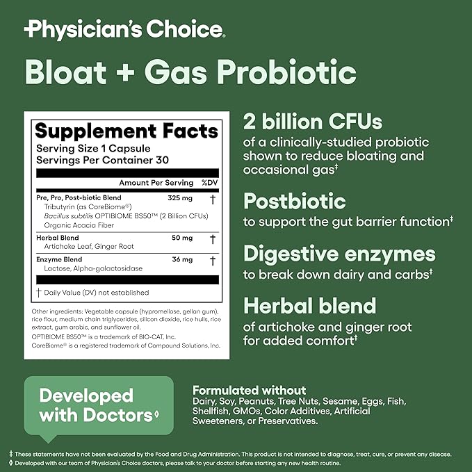 Physician's CHOICE Daily Bundle: 60 Billion Probiotic + Bloat &amp Gas Probiotic + Fiber Gummies + Digestive Enzymes