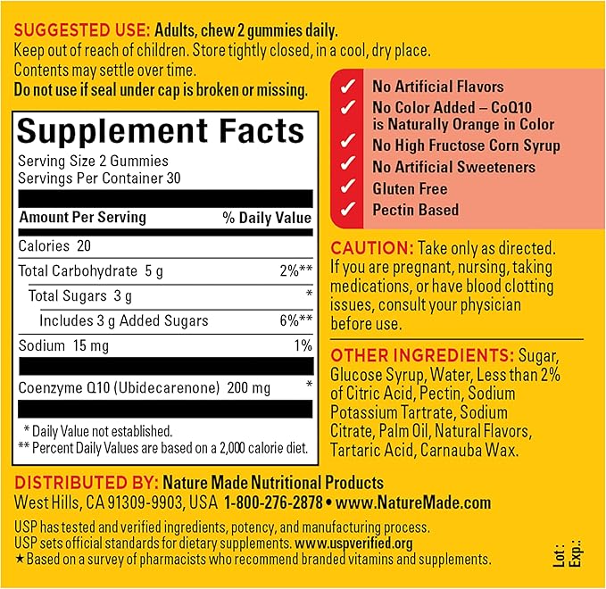 Nature Made CoQ10 200Mmg Per Serving Gummies Heart &amp Energy Support 60 CoQ10 Gummies 30 Day Supply