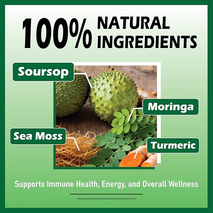 Soursop Liquid Drops 10 in 1 with Sea Moss Moringa Turmeric Black Seed Oil – Vegan Non-GMO Immune &amp Energy Support – 2 fl oz