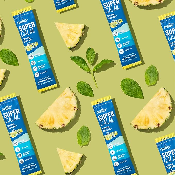 Nello Supercalm Powdered Drink Mix Cortisol Reducer* and Sleep Aid Supplement L Theanine Ksm-66 Ashwagandha Magnesium Glycinate Vitamin D 3 No Sugar Non GMO On The Go 20 Ct Pineapple Mint