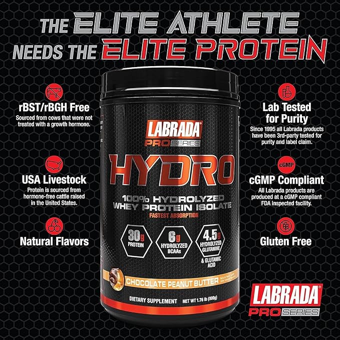 LABRADA HYDRO 100% Pure Hydrolyzed Whey Protein Isolate Powder Lactose free 6g BCAA’s 4.5g Glutamine Fastest Digesting Whey Available Instant Mixing Delicious Taste 20 Servings Choc PeanutButter