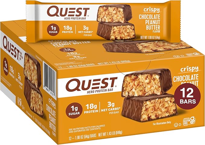Quest Nutrition Crispy Chocolate Peanut Butter Hero Protein Bar 18g Protein 12 Count and Frosted Cookies Twin Pack Birthday Cake 1g Sugar 16 Cookies