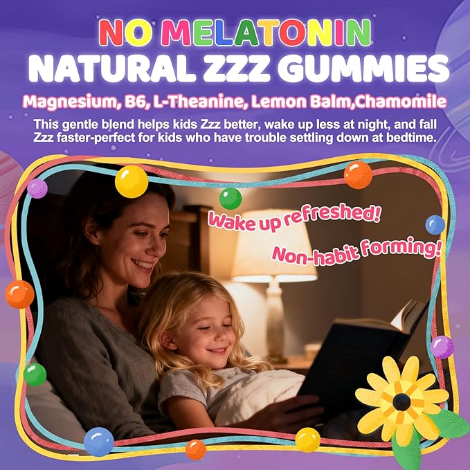Kid’s 4+ Magnesium Glycinate Gummies: Extra Strength Melatonin Free Magnesium Bisglycinate 100mg 200mg Supplement with L-Theanine B6 D3 Omega3 for Overall Health - Zzz Aid for Kids(120Count)