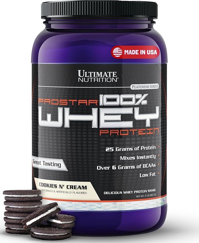 Ultimate Nutrition Prostar Whey Protein Powder Isolate Cookies N Cream - Low Carb High Protein Powder Shake for Muscle Gain &amp Recovery - Low Sodium Low-Fat &amp Keto Friendly - 2 lbs Tub