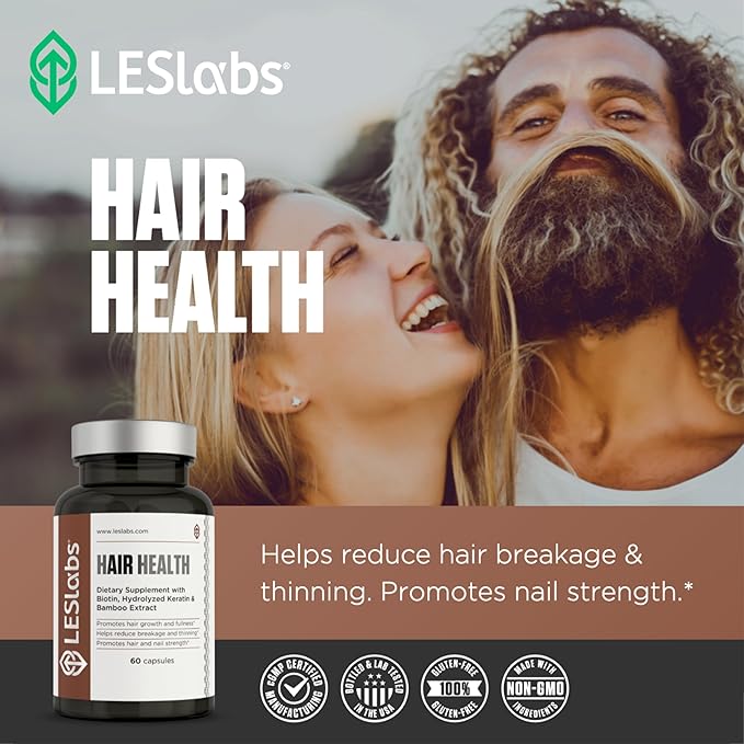 LES Labs Hair Health – Hair Growth &amp Nails Supplement Improved Thickness Strength &amp Fullness – Keratin Biotin Pumpkin Seed &amp MSM – 60 Capsules