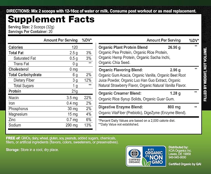 Vegan Protein Powder Gourmet Strawberries &amp Cream Flavor- 21g of The Best Tasting Plant-Based Protein with only 120 Calories - USDA Organic Non-GMO Gluten Free Sugar Free - 640g