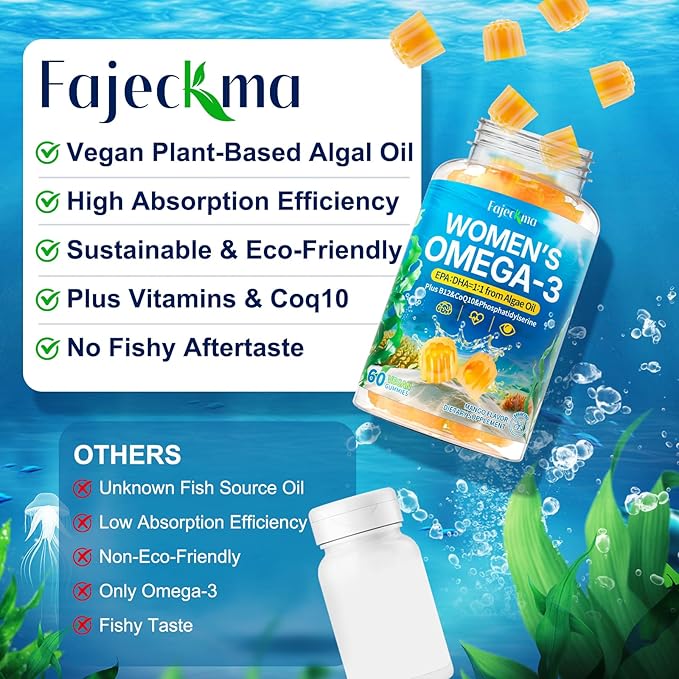 Women’s Omega-3 Gummies Supplement: 1280mg Vegan Sugar Free Omega Fatty Acid DHA EPA with Vitamin D3 Coq10 Magnesium for Focus Health Support - Fish Oil Alternative for Women Adults(120Count)