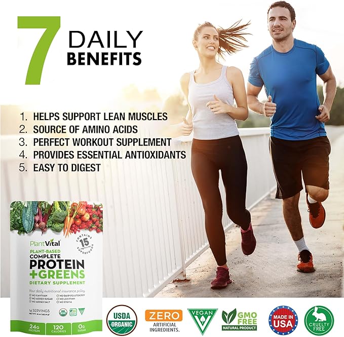 Plantvital Unflavored Organic Vegan Protein Powder - 15 Superfoods Veggies and Probiotics - Organic Plant-Based Protein Powder - All BCAA’s Gluten Free - 16oz -1 Pouch