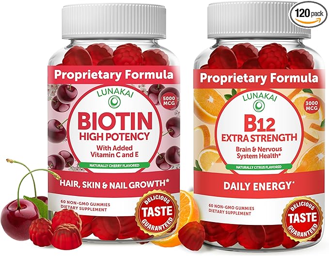 Lunakai Biotin and Vitamin B12 Gummies Bundle - Hair Skin and Nails Growth Gummies with Vitamin C and E - Non-GMO &amp Vegan Supplement for Energy Support and Bone Health - 30 Days Supply