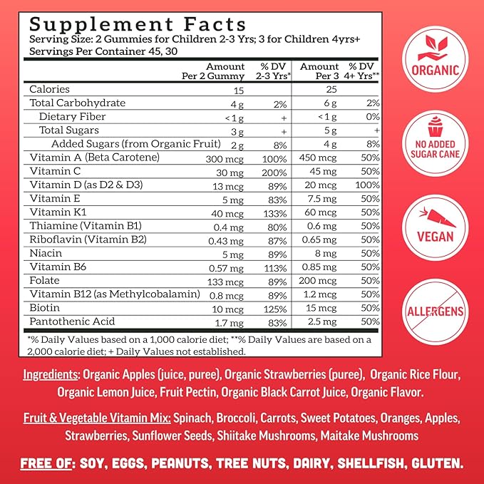 Llama Naturals Kids Multivitamin Gummies | Real Fruit No Added Sugar Cane | Organic Vegan Toddler Whole Food Vitamins | Vitamin D C &amp Beta Carotene Gummy Supplement | Strawberry 90 Ct (1-2 Month