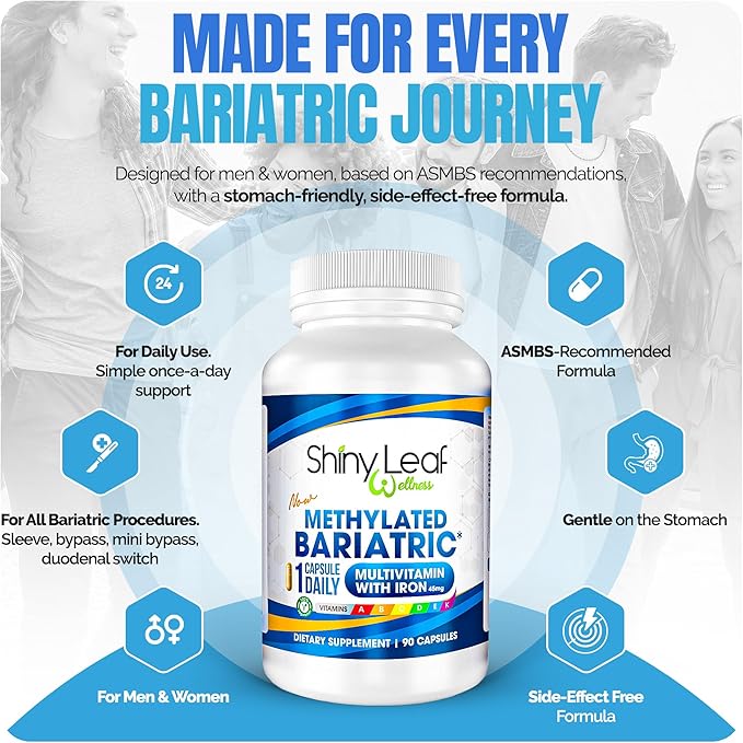Shiny Leaf Methylated Bariatric Multivitamin with Iron 45mg – Once Daily Capsule Made in USA ASMBS Compliant Bariatric Vitamins for Gastric Bypass &amp Gastric Sleeve for Men &amp Women – (90 Cou