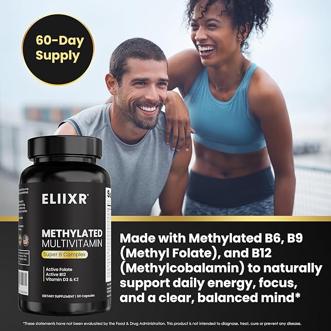 Eliixr Methylated Multivitamin 27-in-1 Formula with 1500 mcg Active Folate Methylated B12 K2 D3 B-Complex and more Women and Mens Multivitamins 60 Vegan Capsules 2 month supply Made in the USA