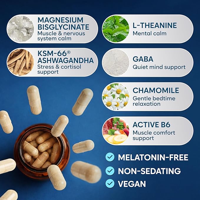 Natural Chelated Magnesium Glycinate Sleep Aid - Melatonin-Free Sleep &amp Stress Relief with KSM-66 Ashwagandha GABA L-Theanine &amp Chamomile for Muscle Relaxation - Made in USA - 90 Capsules