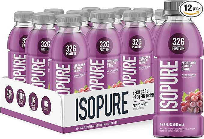 Isopure Zero Carb 32g Clear Protein Ready-to-Drink Whey Protein Isolate Grape Frost 12 Pack (Packaging May Vary)