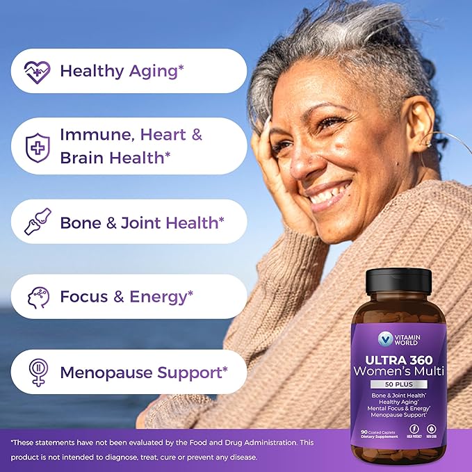 Vitamin World Ultra 360 Multivitamin for Women 50 Plus Women's 50+ Multivitamin with Minerals &amp Herbs for Menopause Support Supplement with Vitamin B D E &amp Zinc for Healthy Aging 90 Caple