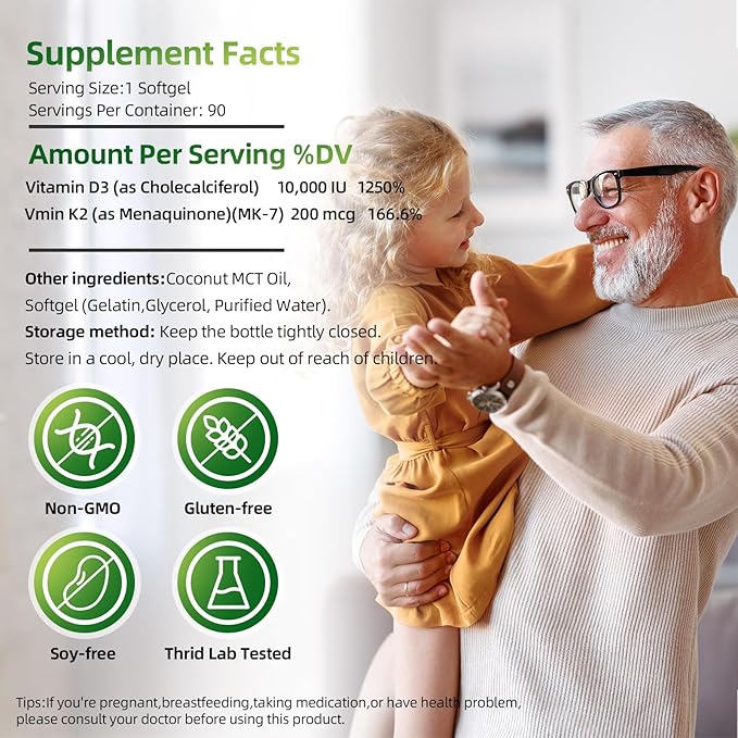 Vitamin D3 K2 Softgels Vitamin D3 10000 IU with K2 (MK-7) 200 mcg with Coconut Oil Softgels Easy to Swallow 2 in 1 Vitamins D &amp K Combo * 3 Packs (270 Counts)