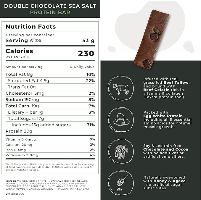 Gaia Foods Protein Bar Double Chocolate Sea Salt Protein Bar Pack of 12 Protein Bars | 20g of Protein | Seed Oil Free | Soy Free | High Protein
