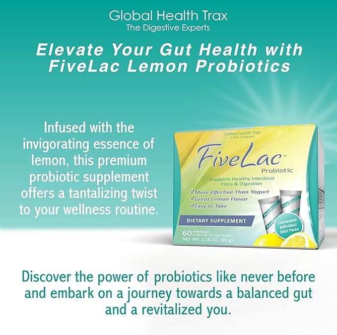 Global Health Trax GHT - FiveLac Lemon Probiotic Powder Drink Mix Probiotics for Women Men Kids - Smooth Digestive Support &amp Elimination – Relieves Constipation &amp Gas - 60 Packets (4 Pack)