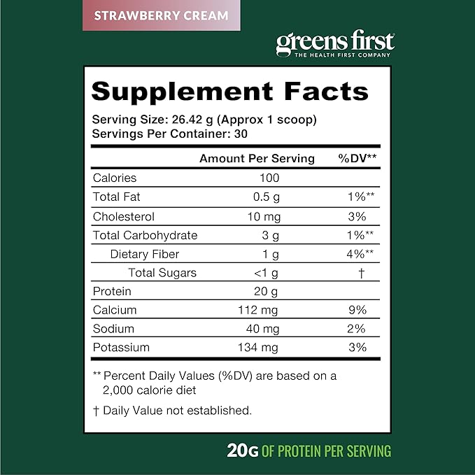 Greens First Dream Protein Powder Whey - 20g Protein Per Serving - Hormone-Free with Prebiotics - Non-GMO - No Artificial Sweeteners/MSG/Aspartame (Strawberry Cream 27.96 oz)
