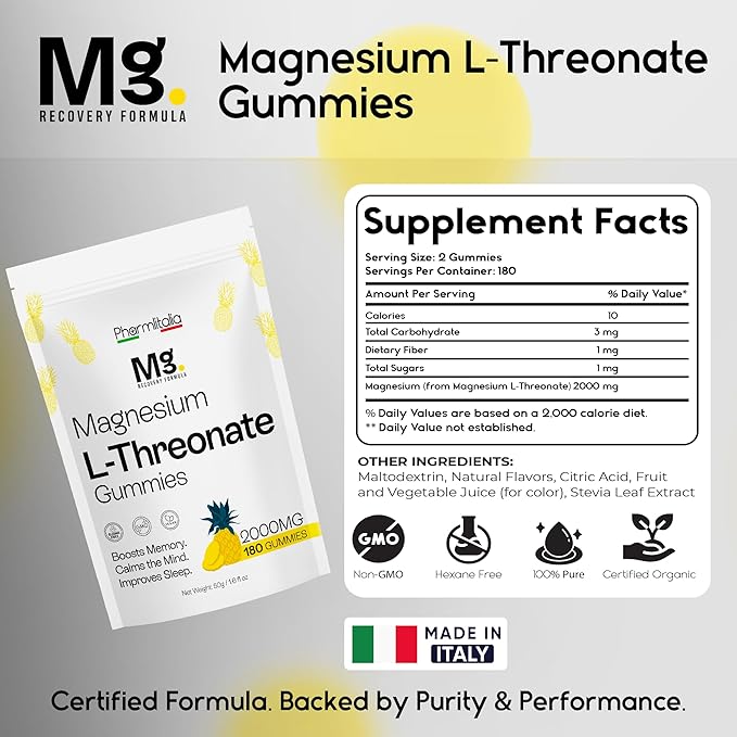 Magnesium L-Threonate Gummies for Adults &amp Kids 2000mg – Brain Supplements for Memory and Focus - 180 Count (Pack of 1)