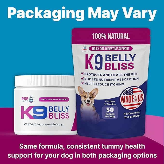 K9 Belly Bliss All-Natural Gut Health for Dogs Vet Approved Prebiotic for Dogs for Daily Digestive Support &amp Dog Constipation Relief Topper for Dry &amp Wet Food 6 Pack with 30 Scoops Each.