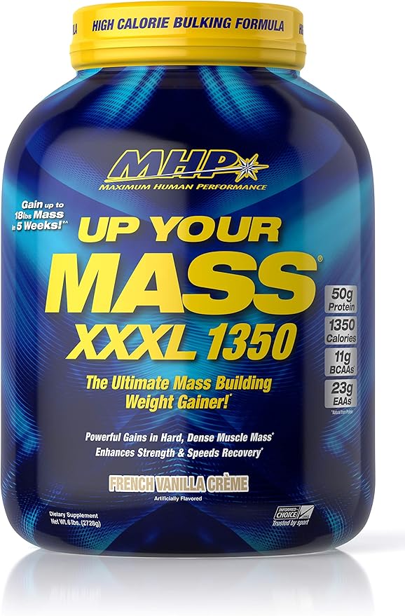 MHP UYM XXXL 1350 Mass Building Weight Gainer Muscle Mass Gains w/50g Protein High Calories 11g BCAAs Leucine French Vanilla Creme 8 Servings