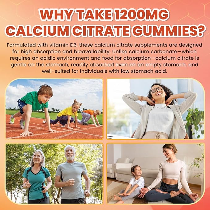 Calcium Citrate Gummies - 1200mg Calcium Gummies Supplements for Women &amp Men with Vitamin D3 K2 Magnesium Zinc High Absorption for Bone Muscle &amp Immune Support Peach &amp Mango Flavor 1