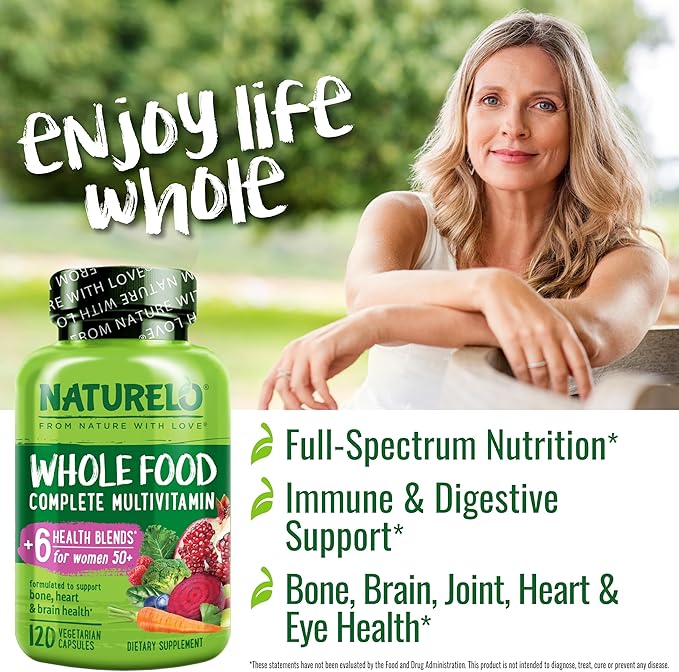 NATURELO Whole Food Multivitamin for Women 50+ (Iron Free) - 120 Vegan Capsules and Whole Food Multivitamin for Men 50+ - 120 Capsules Bundle