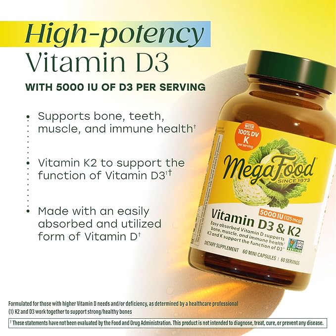 MegaFood Vitamin D3 5000 IU (125 mcg) - Vegetarian Supplements with Vitamin D3 K2 - Supports Bones Teeth Muscles &amp Immune Health - Certified Non-GMO - 120 Mini Capsules 120 Servings (Pack of 2)