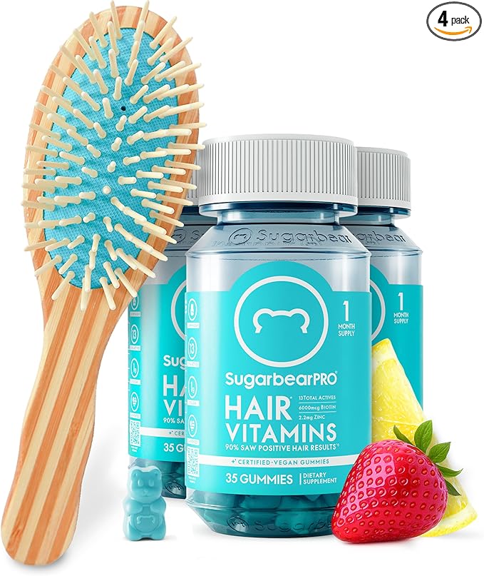 Sugarbear Gentle Detangling Bamboo Hair Brush + Vegan Hair Vitamin Gummies 3 Month Supply Extra Strength Biotin 6000mcg for Supporting Healthy Straight Wavy Curly &amp Kinky Hair