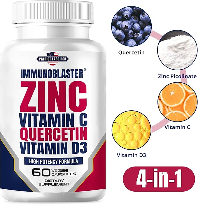 Zinc Quercetin Vitamin C 800 mg with Vitamin D3 Antioxidant Immune Support High Potency Quercetin Zinc Supplement for Men and Women - Gluten Soy &amp Dairy Free - 60 Count (Pack of 1)