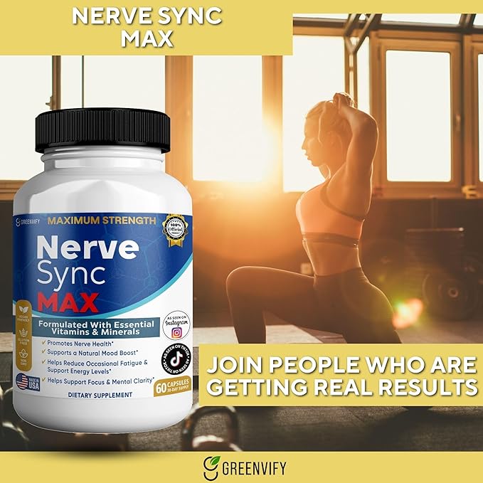 Nerve Sync MAX Supplement 60 Capsules Vegan Friendly with Essential Vitamins &amp Minerals for Nerve Health. (1)