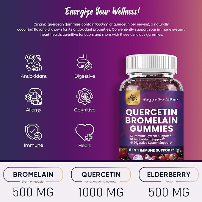 (3 Pack) Quercetin Gummies with Bromelain Zinc Elderberry Vitamin C D3 K2 Quercetin 1000mg Supplement with Bromelain 500mg for Cardiovascular Immune System &amp Allergy Vegan Gummy for Adult &amp
