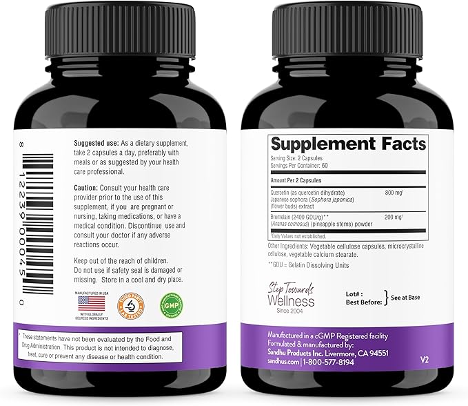 Sandhu's Quercetin with Bromelain &amp Magnesium Glycinate Complex with Quercetin Capsules | Supports Immune Muscle Health &amp Quality Sleep