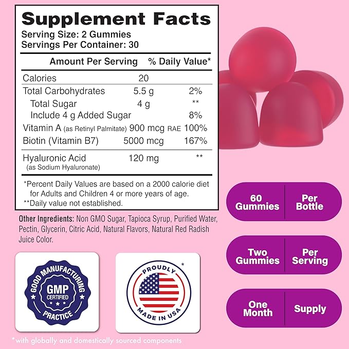 Health Thru Nutrition Skineu Hair Skin &amp Nails+ Gummies | Biotin 5000mcg Hyaluronic Acid Retinyl Palmitate | Beauty Support - Strength &amp Hydration | Strawberry Piña Colada Flavor | 60 Gummi