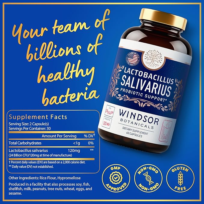 Lactobacillus Salivarius Probiotic - 24bn CFU L Salivarius Dental Probiotics for Teeth and Gums - Bad Breath Treatment for Adults Immune Support Digestive Health - 60 Oral Probiotic Capsules
