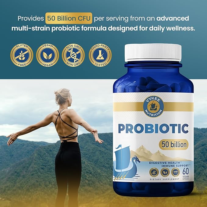 Vykee Nutrition Daily Probiotic Capsules 50 Billion CFU with Prebiotic and 11 Strain Formula for Digestive Support and Wellness - Vegan Non GMO - 60 Capsules