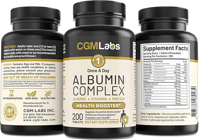 Premium Albumin Complex - Egg White &amp Whey Protein Blend with Royal Jelly &amp Essential Amino Acids - Daily Muscle Recovery &amp Nutrition Supplement - 200 Tablets