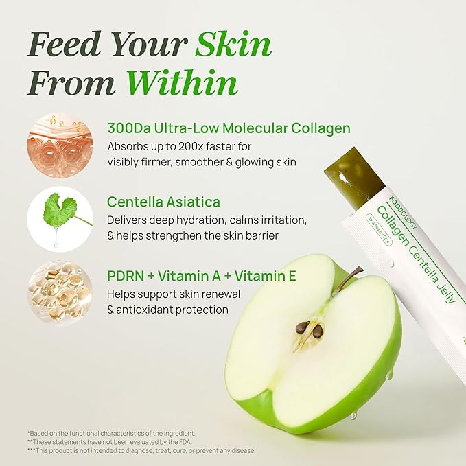 FOODOLOGY Collagen Centella Jelly (Green Apple) – Collagen Peptide with PDRN – Biotin Vitamin A &amp E for Skin Glow Hair &amp Nails – Korean Beauty Supplement – 10 Sticks