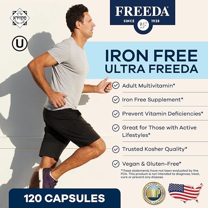 Freeda Maximum Strength Multivitamin – High Potency Daily Supplement for Active Adults (Men &amp Women) – Iron Free – SCD Diet Compatible – 120 Capsules – Ultra-Freeda
