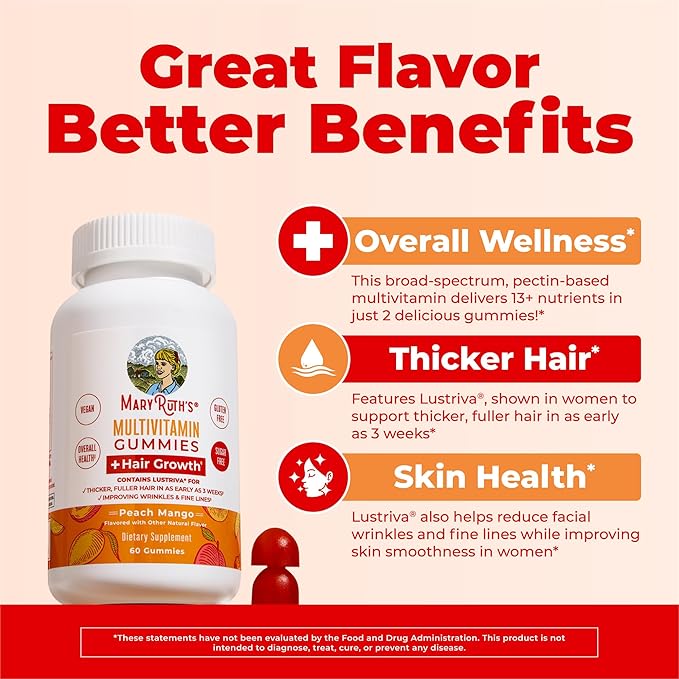 MaryRuth's Multivitamin + Hair Growth Gummies | with Lustriva® | Biotin 10000mcg | B Vitamins | Formulated for Thicker Hair Wrinkles Fine Lines Skin Care | Ages 18+ | 30 Servings