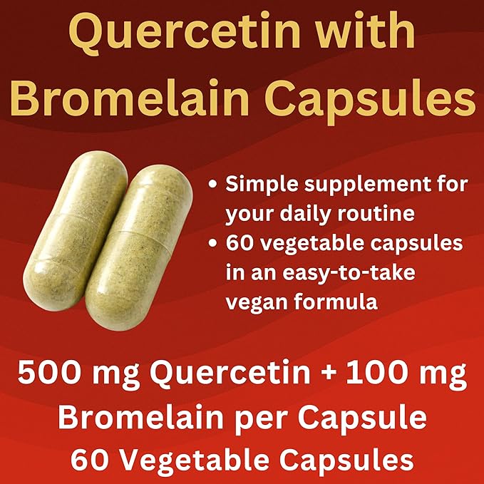 Quercetin with Bromelain - 500 mg Quercetin (from Quercetin Dihydrate) + 100 mg Bromelain per Capsule - 60 Vegetable Capsules - Vegan Non-GMO