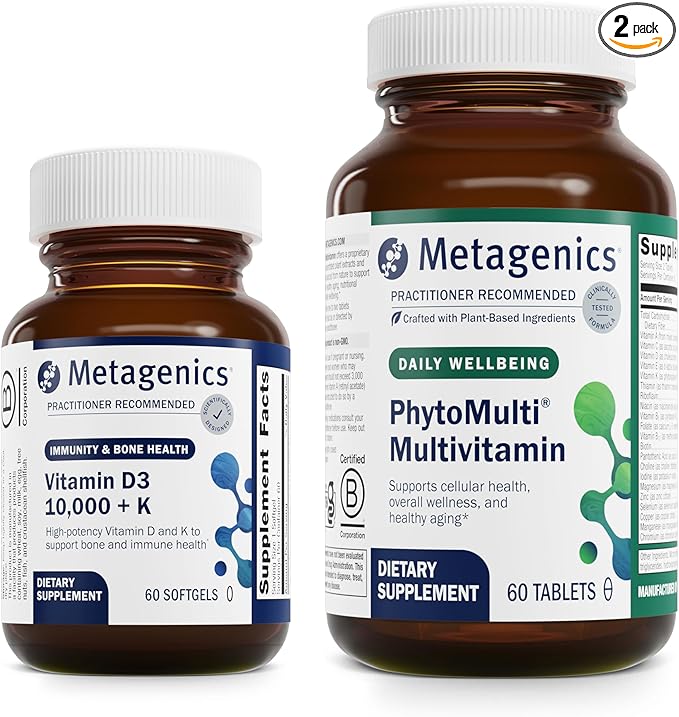 Metagenics Essential Wellness Duo: D3 10000 + K - for Immune Support Bone Health &amp Heart Health - 60 Softgels &amp PhytoMulti Without Iron - Daily Multivitamin for Overall Health &amp Aging -