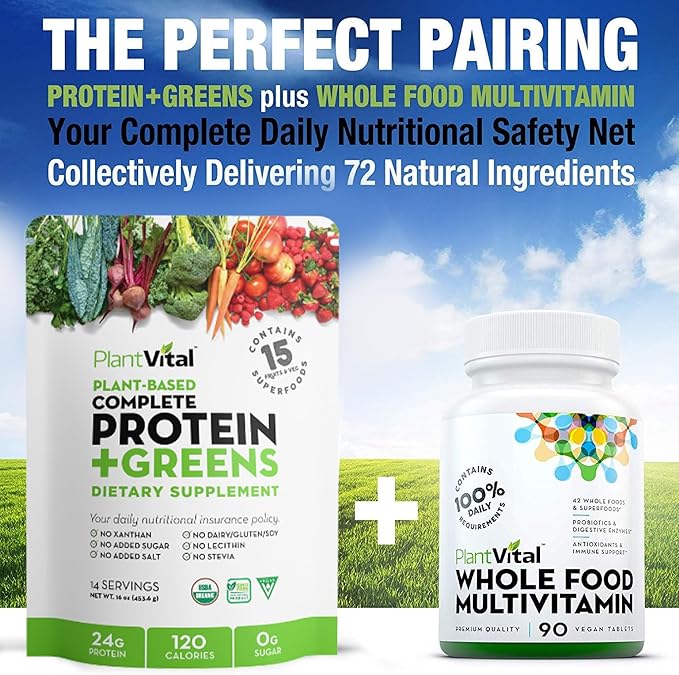 Plantvital Unflavored Organic Vegan Protein Powder - 15 Superfoods Veggies and Probiotics - Organic Plant-Based Protein Powder - All BCAA’s Gluten Free - 16oz -1 Pouch