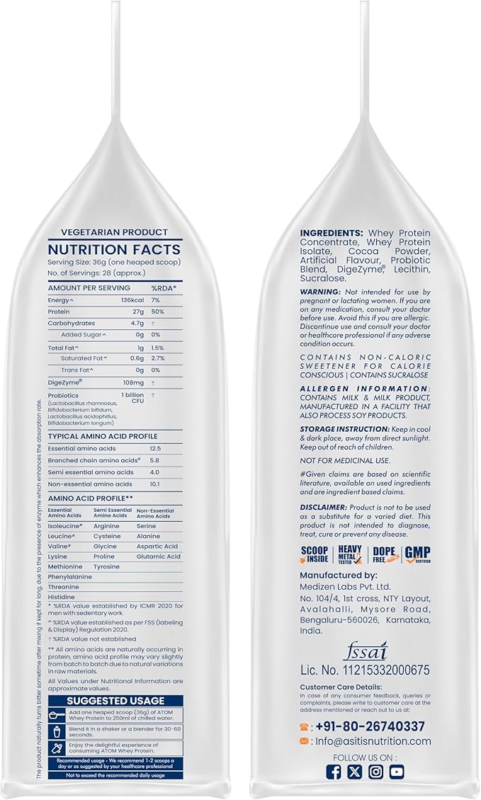 AS-IT-IS Atom Whey Protein 1kg/35.2 Oz With Digestive Enzymes | Usa Labdoor Certified for Accuracy &amp Purity | Choco Hazel Fusion Flavor | 27g Protein | 5.7g Bcaaâ